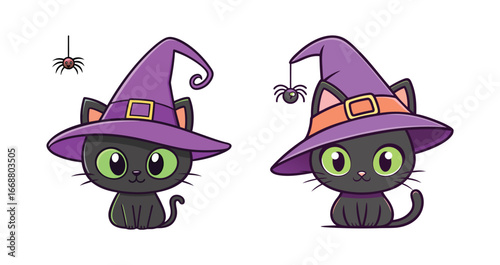 Cute Black Cat Wearing a Purple Witch Hat with Spider - Kawaii Halloween Vector