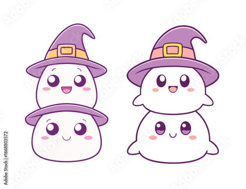 Adorable Kawaii Stacked Ghosts Wearing Witch Hats - Cute Halloween Vector Illustration