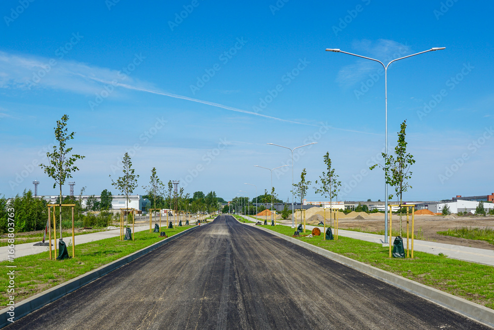 Fototapeta premium Newly paved urban road with young trees, sidewalks, and streetlights in modern infrastructure project