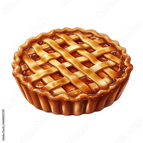 A delicious, freshly baked apple pie with a golden-brown lattice crust, presented as a detailed digital illustration on a clean white background.