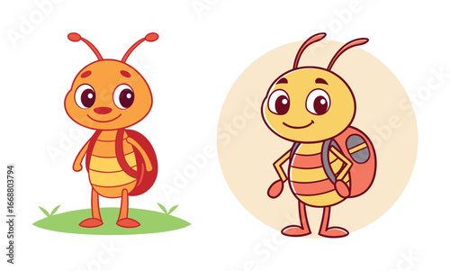 Cute Cartoon Ant with Backpack Standing on Grass Ready for School or Adventure