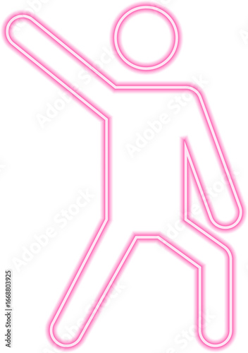 Neon outline pictogram of a person with an arm extended upward and one leg bent in balance.