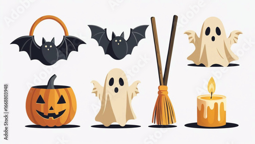 Cute Cartoon Ghost and Pumpkin with Witch Hat – Flat Halloween Vector