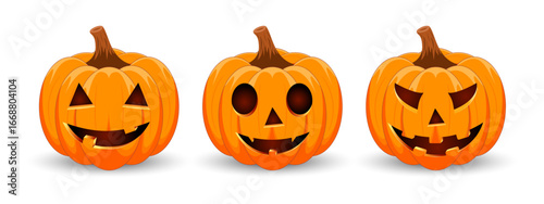 Set carved Halloween pumpkins with different scary faces isolated on white background. The main symbol of the Happy Halloween holiday. Vector illustration.