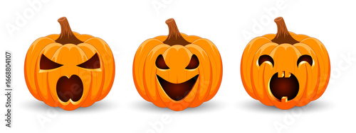 Set carved Halloween pumpkins with different scary faces isolated on white background. The main symbol of the Happy Halloween holiday. Vector illustration.