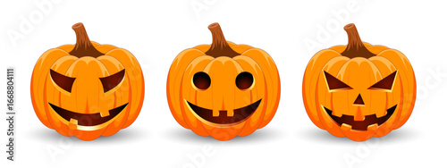 Set carved Halloween pumpkins with different scary faces isolated on white background. The main symbol of the Happy Halloween holiday. Vector illustration.