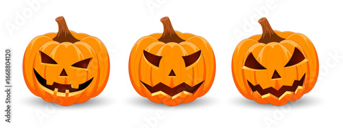 Set carved Halloween pumpkins with different scary faces isolated on white background. The main symbol of the Happy Halloween holiday. Vector illustration.