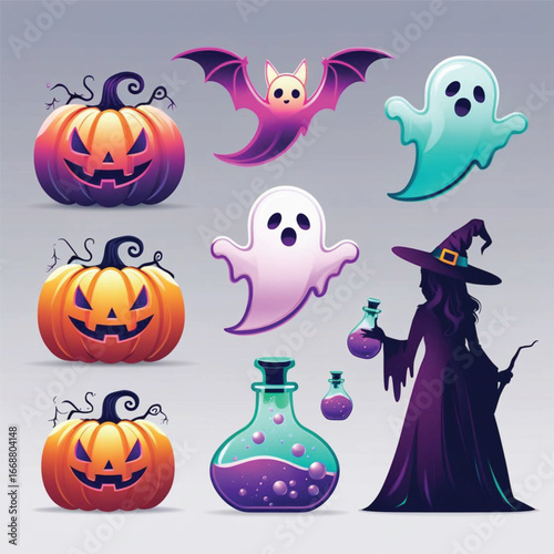 Pumpkin Faces, Ghosts, and Witch Hat – Cartoon Halloween Icon Set