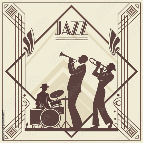 Silhouetted musicians with guitars and saxophones dance at a rock concert