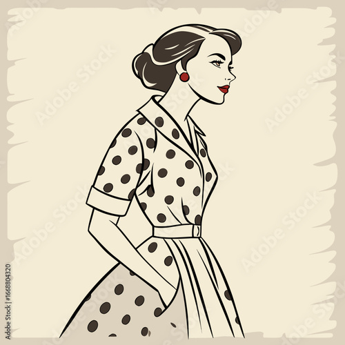 A beautiful vintage cartoon drawing of a fashion model with flowers in her hair and a retro dress