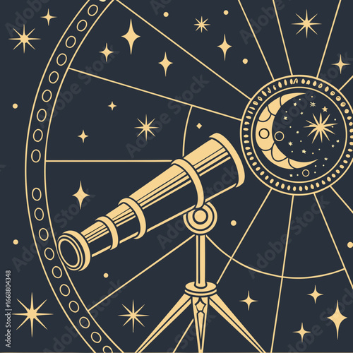 Vintage vector illustration of the old astronomical clock in Prague with a zodiac sign dial and a golden compass