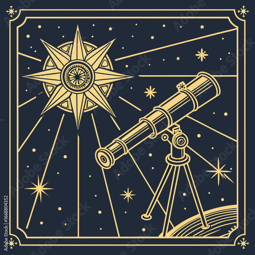 An astronomy illustration of a telescope on the moon observing a galaxy in the dark night sky