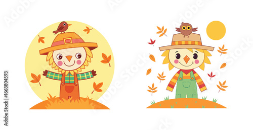 Cute Scarecrow Autumn Harvest Illustration Set with Falling Leaves, Bird, and Owl for Fall Season