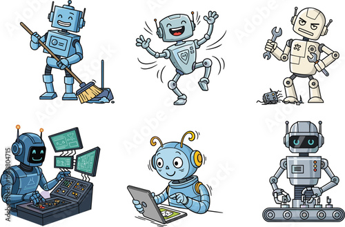Cute robot characters performing tasks: sweeping, dancing, repairing, controlling panels, using tablet, assembly line, futuristic technology illustrations