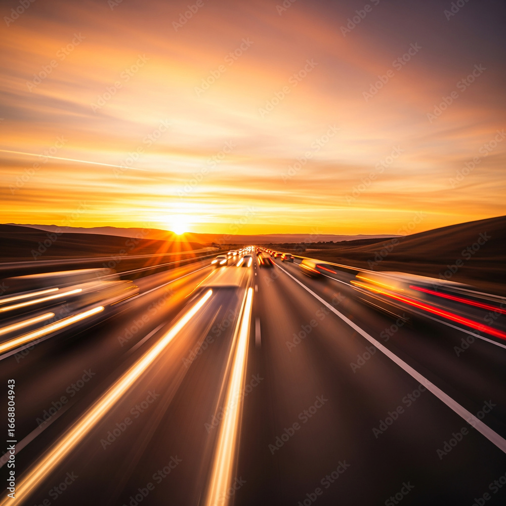 Obraz premium car on the road. driving on the highway at sunset. Sunset over a bridge highway. warm golden tones reflecting.