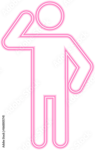 Neon outline pictogram of a person standing with one hand raised to the forehead in a salute.