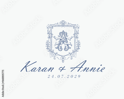 Wedding logo monogram crest vector design royal style blue color illustration monogram crest

