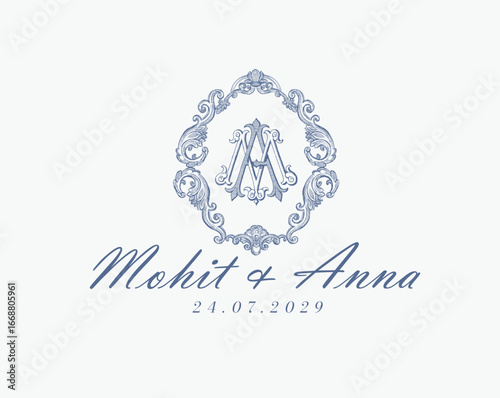 Wedding logo monogram crest vector design royal style blue color illustration monogram crest
