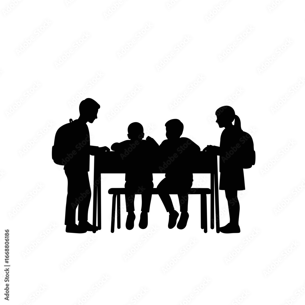 Children sitting at a table and discussing during Knowledge Day Children sitting at a table and discussing during Knowledge Day