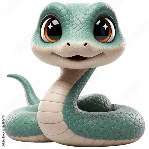 A charming 3D cartoon snake with large, sparkling orange eyes and a playful smile, featuring a textured green and beige body. Ideal for children's stories, animations, or whimsical design projects.