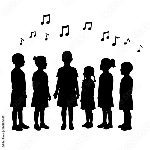 Group of children singing together with musical notes in background  