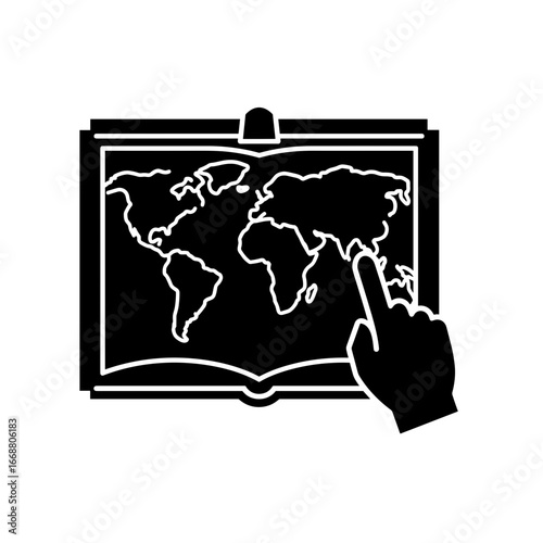Hand pointing at world map in geography lesson, concept of Knowledge Day  