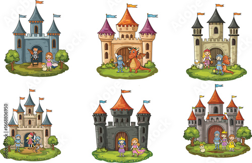 Fairy tale castles with cartoon characters, knights, princesses, dragons, and animals in magical fantasy scenes, colorful medieval kingdom vector illustration