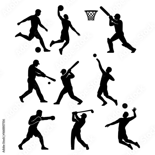 Collection of diverse sports silhouettes including soccer basketball cricket and more in black on white