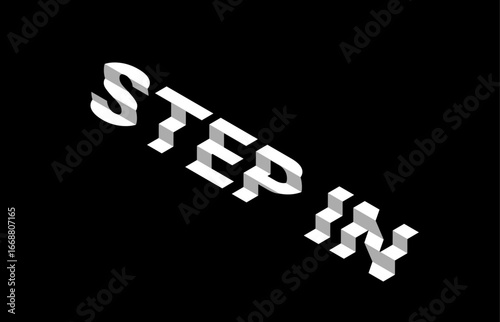 Minimalistic vector illustration of modern folded step typography design on black background, clean geometric white font with three-dimensional folded effect, contemporary graphic style for poster