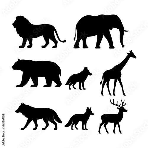 Silhouette illustration showing a lion, elephant, bear, giraffe, deer, wolf, and fox animals