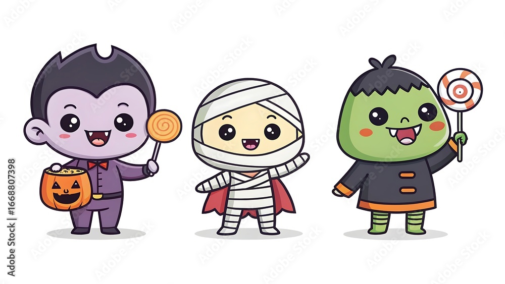 Fototapeta premium Adorable chibi halloween characters vampire mummy and frankenstein holding candy and lollipops