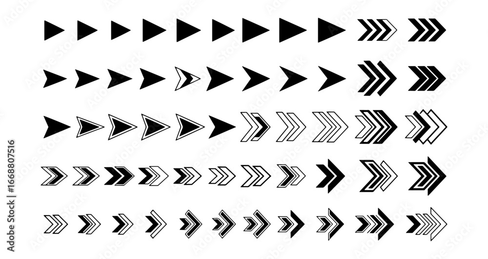 Naklejka premium Collection of five rows of forward pointing arrows in varying styles and designs on a white background