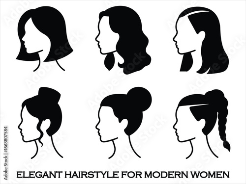 Six female hairstyles black silhouettes white