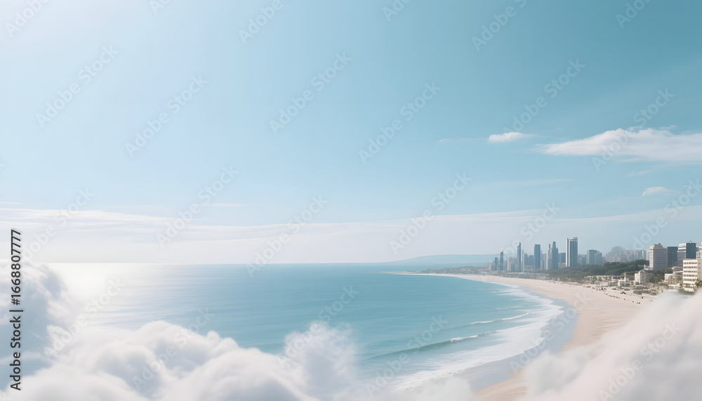 Obraz premium Coastal city skyline with ocean view and fluffy clouds in daylight 