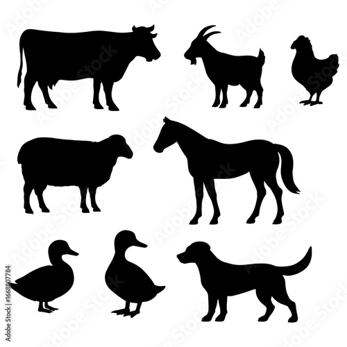 Silhouette illustration showcasing a diverse collection of farm and domestic animals in solid black color