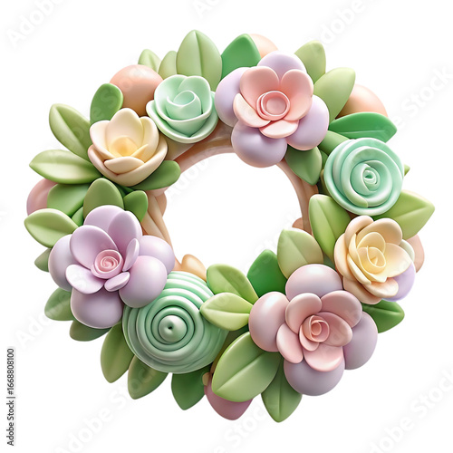 Elegant Floral Wreath Illustration with Pastel Flowers and Lush Leaves in Soft Color Palette