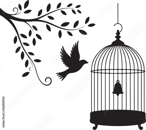 Black tree branch with hanging bird cages vector design. Birds in tree cages black silhouettes vector