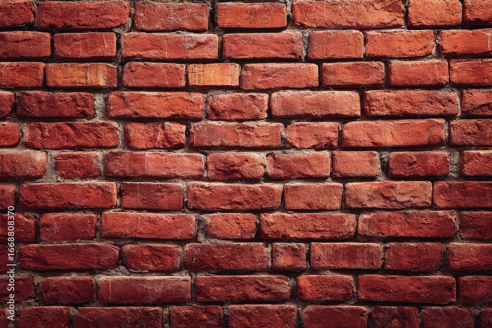 Fototapeta premium Rich, dark red brick wall texture; uniform pattern, slightly varied tones, visible mortar