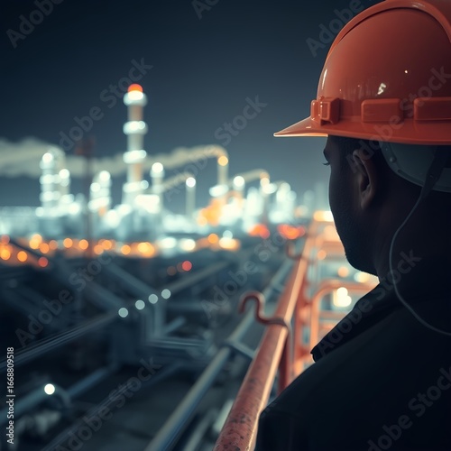 Photo of worker overlooking a night-time refinery