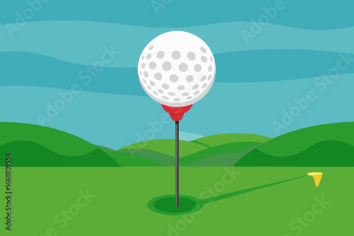 Golf ball on tee with golf course and flag