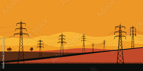 Power lines stretch across a vibrant sunset landscape