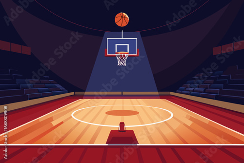 Basketball arena with hoop and ball under spotlight
