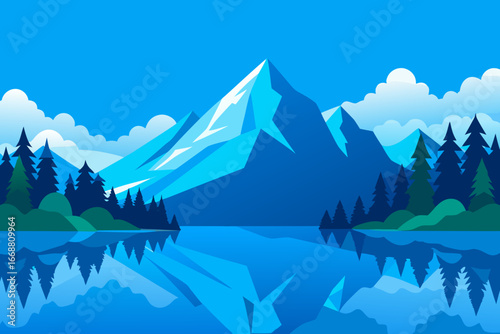Stylized mountain landscape with reflecting lake and pine trees