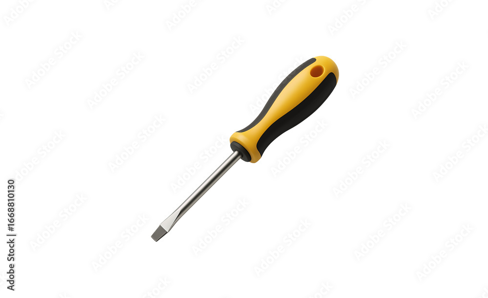 Fototapeta premium A yellow and black handled screwdriver with a metal shaft and tip isolated on transparent background