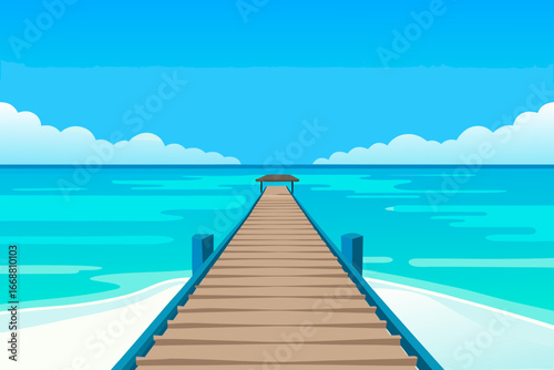 Wooden pier leading to a tropical ocean under a blue sky