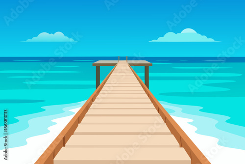Wooden pier extending into a vibrant turquoise ocean under a clear blue sky