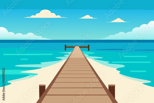 Wooden pier extending into a vibrant turquoise ocean under a blue sky