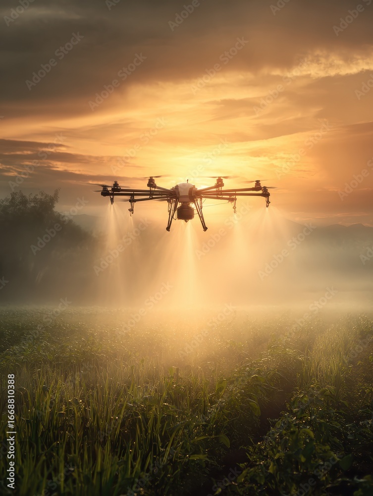 Fototapeta premium drone spraying crops at sunset agricultural technology
