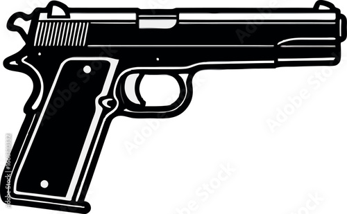 The 9mm metal handgun, isolated on white, is a black automatic firearm used by police and military