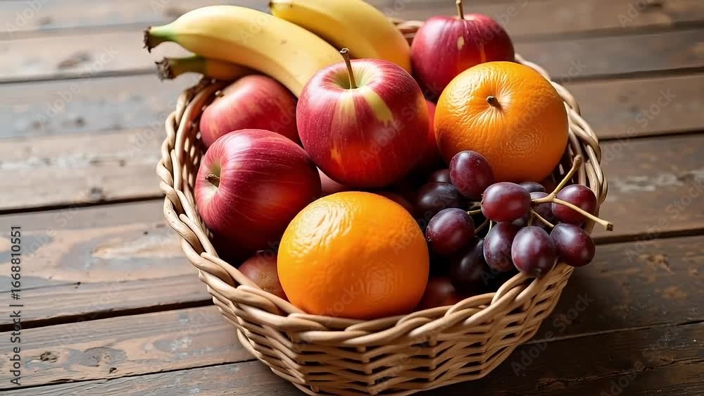 Woven basket filled with fresh apples, bananas, oranges and grapes on wooden surface, ideal for food and nutrition themes